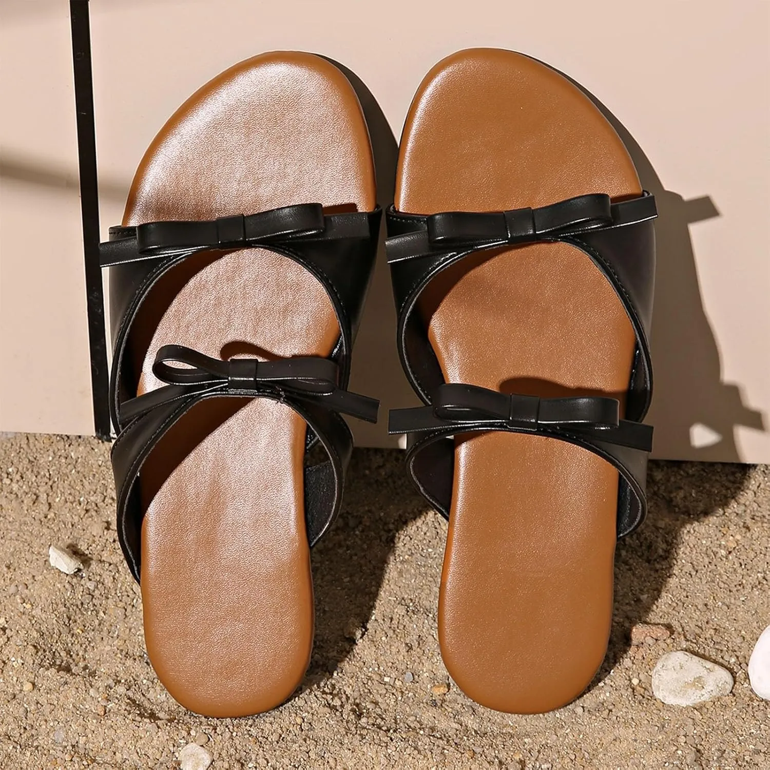Womens Slide Flat Sandals Stylish Jelly Bow Beach Flats Cute Open Toe Slip On Slides with Strap Dressy Summer Sandal