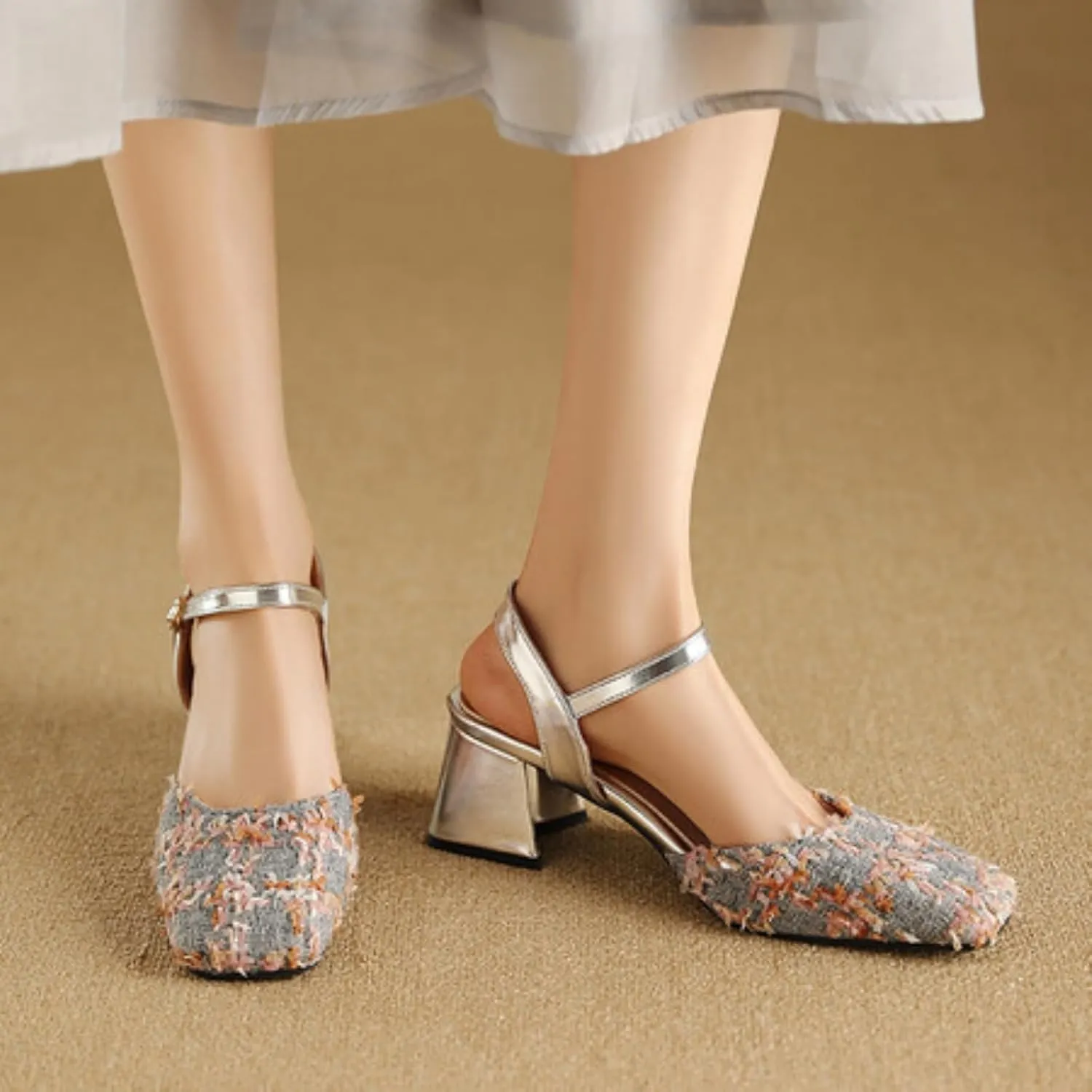 Womens Slingback Mary Jane Pumps Square Toe Low Chunky Heel Block Closed Slip On Adjustable Buckle Sandals Comfortable Elegant Party Prom Dress Shoes