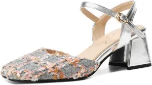 Womens Slingback Mary Jane Pumps Square Toe Low Chunky Heel Block Closed Slip On Adjustable Buckle Sandals Comfortable Elegant Party Prom Dress Shoes