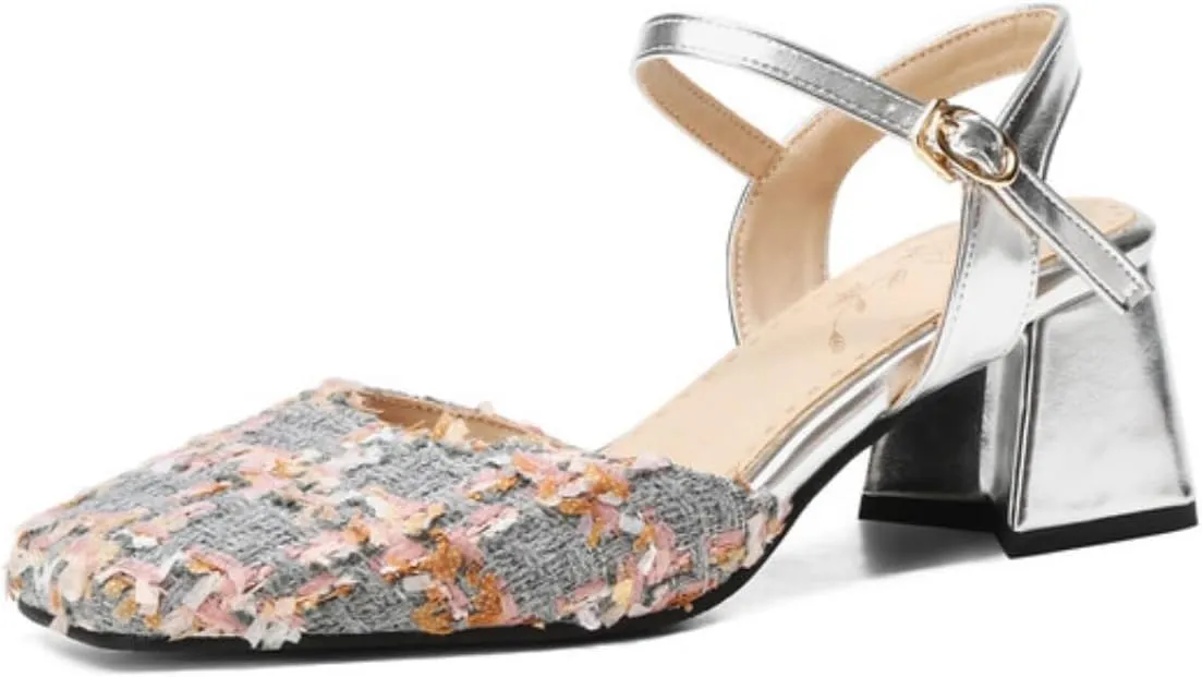 Womens Slingback Mary Jane Pumps Square Toe Low Chunky Heel Block Closed Slip On Adjustable Buckle Sandals Comfortable Elegant Party Prom Dress Shoes