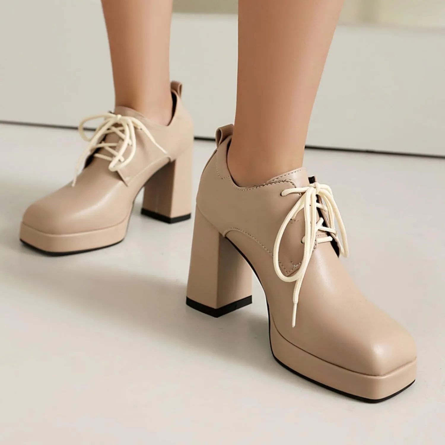 Women's Square Closed Toe Chunky Heel Block Mary Jane Pumps Fashion Platform Lace-Up Elegant Wedding Party Prom Dating Dress Shoes