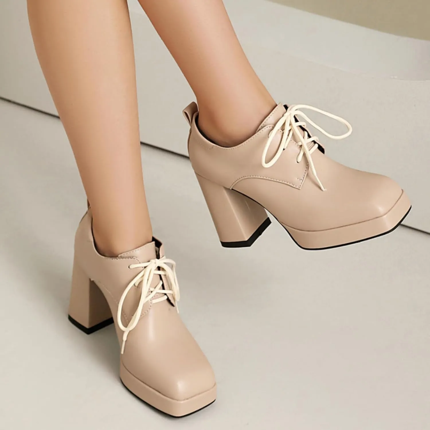 Women's Square Closed Toe Chunky Heel Block Mary Jane Pumps Fashion Platform Lace-Up Elegant Wedding Party Prom Dating Dress Shoes