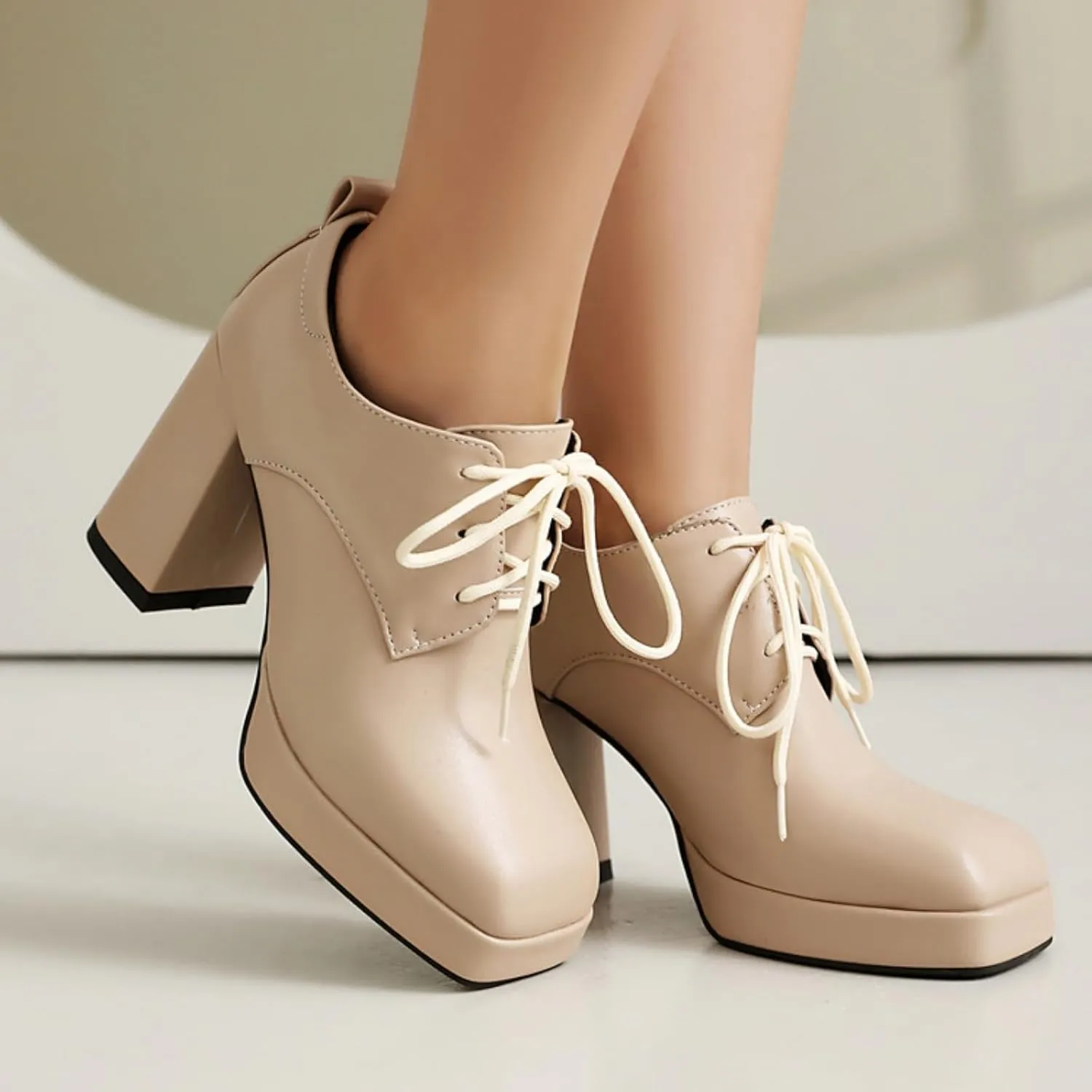 Women's Square Closed Toe Chunky Heel Block Mary Jane Pumps Fashion Platform Lace-Up Elegant Wedding Party Prom Dating Dress Shoes