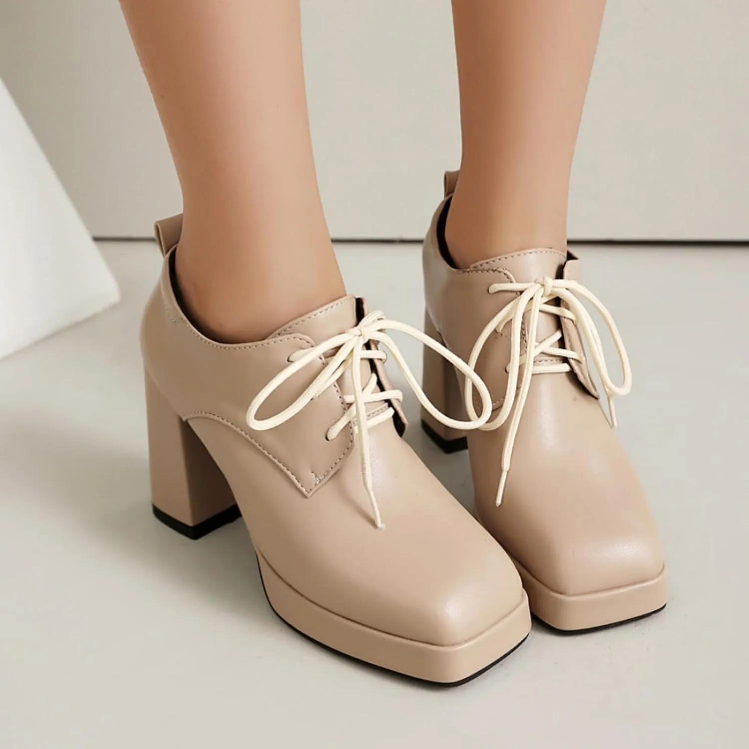 Women's Square Closed Toe Chunky Heel Block Mary Jane Pumps Fashion Platform Lace-Up Elegant Wedding Party Prom Dating Dress Shoes