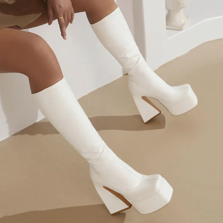 Women's Square Toe Triangle Heel Platform Knee High Boots