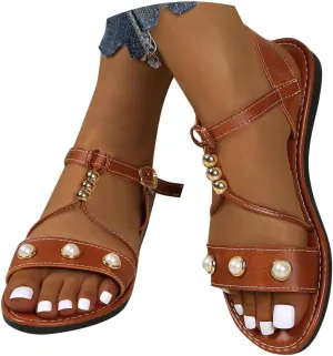 Women's Summer Pearl Decorated Sandals Low Heel Slip On Comfortable Casual Beach Footwear For Daily Wear Dating