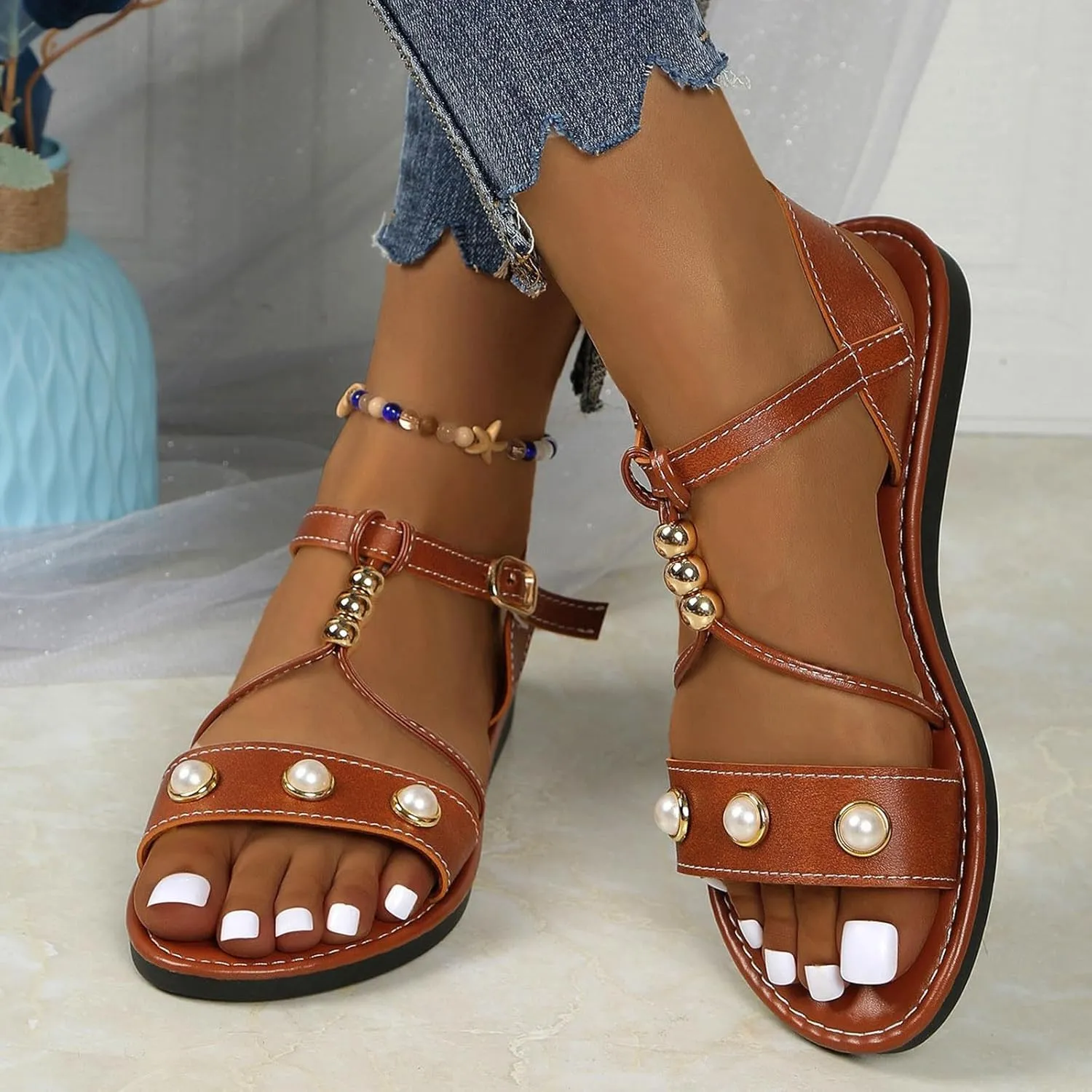 Women's Summer Pearl Decorated Sandals Low Heel Slip On Comfortable Casual Beach Footwear For Daily Wear Dating