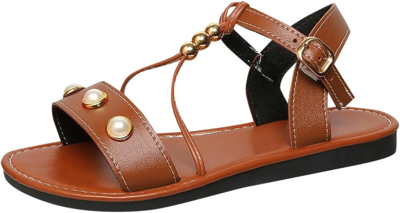 Women's Summer Pearl Decorated Sandals Low Heel Slip On Comfortable Casual Beach Footwear For Daily Wear Dating