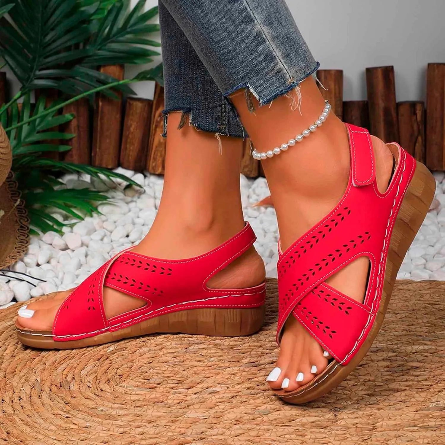 Women's Trendy Sandals Everyday Casual Wear Open Toe Solid Hollow Design Wedge Heel Summer Ladies Season Sandals
