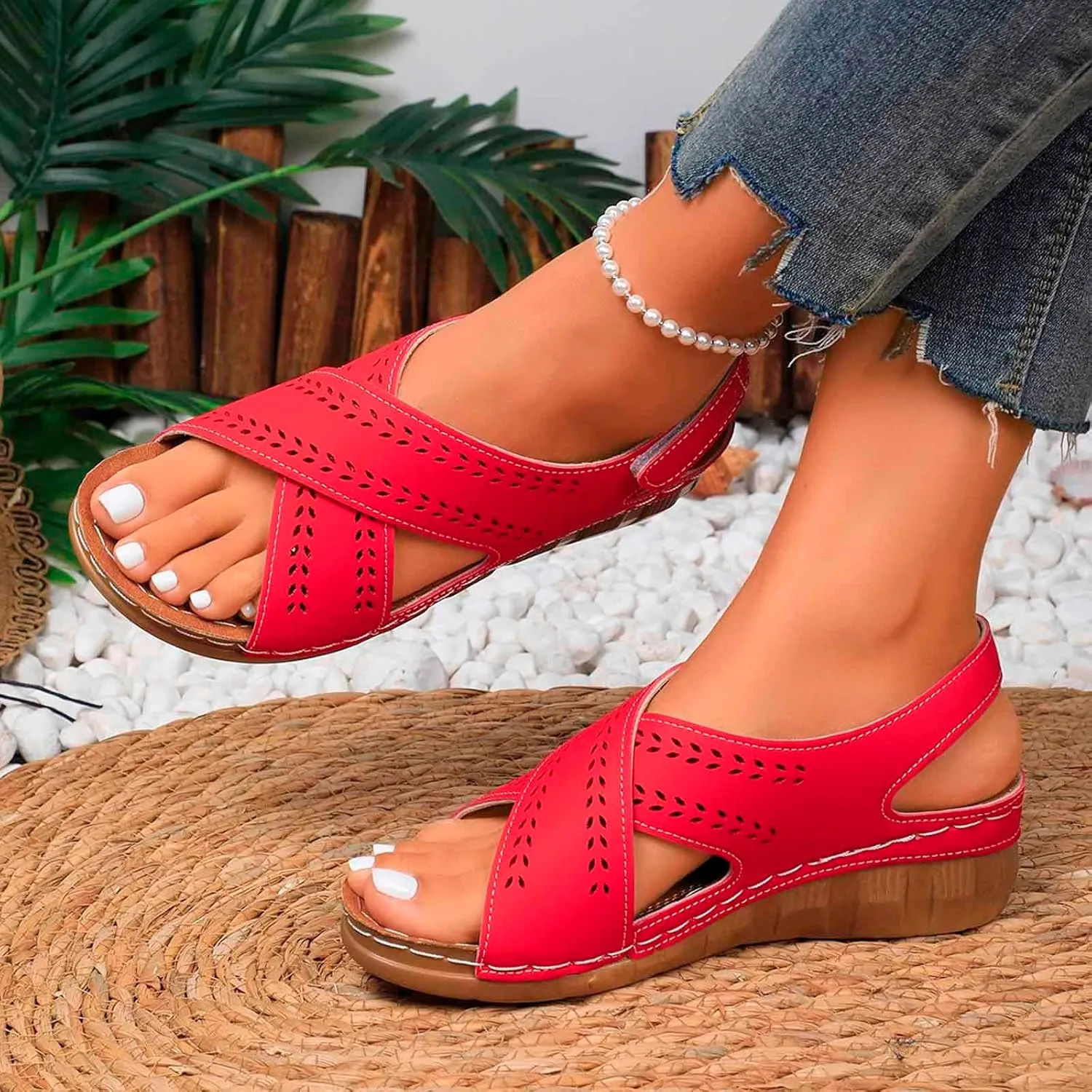 Women's Trendy Sandals Everyday Casual Wear Open Toe Solid Hollow Design Wedge Heel Summer Ladies Season Sandals