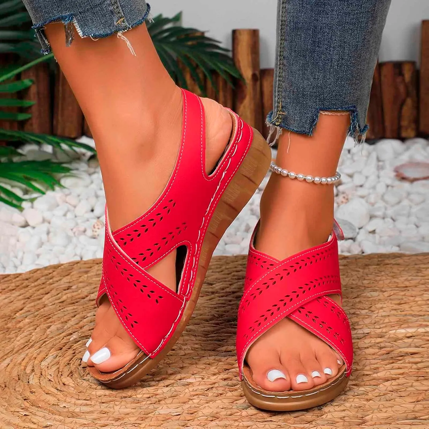 Women's Trendy Sandals Everyday Casual Wear Open Toe Solid Hollow Design Wedge Heel Summer Ladies Season Sandals