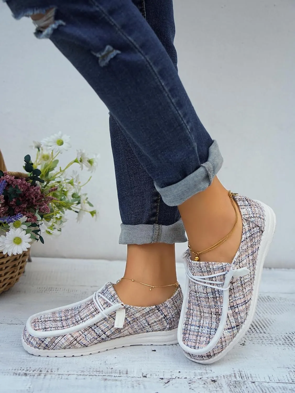 Women's Tweed Casual Slip-on Loafers Canvas Plaid Lightweight Easy Wear Boat Shoes for Outdoor Classic Style Comfortable Trend US 6-10.5