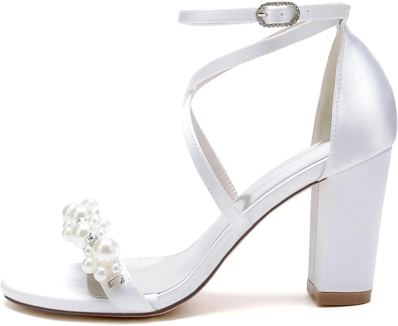 Women's White Heeled Sandals with Pearl Decoration Chunky Heels Open Toe Elegant Summer Evening Wedding Party Shoes
