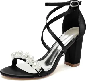 Women's White Heeled Sandals with Pearl Decoration Chunky Heels Open Toe Elegant Summer Evening Wedding Party Shoes
