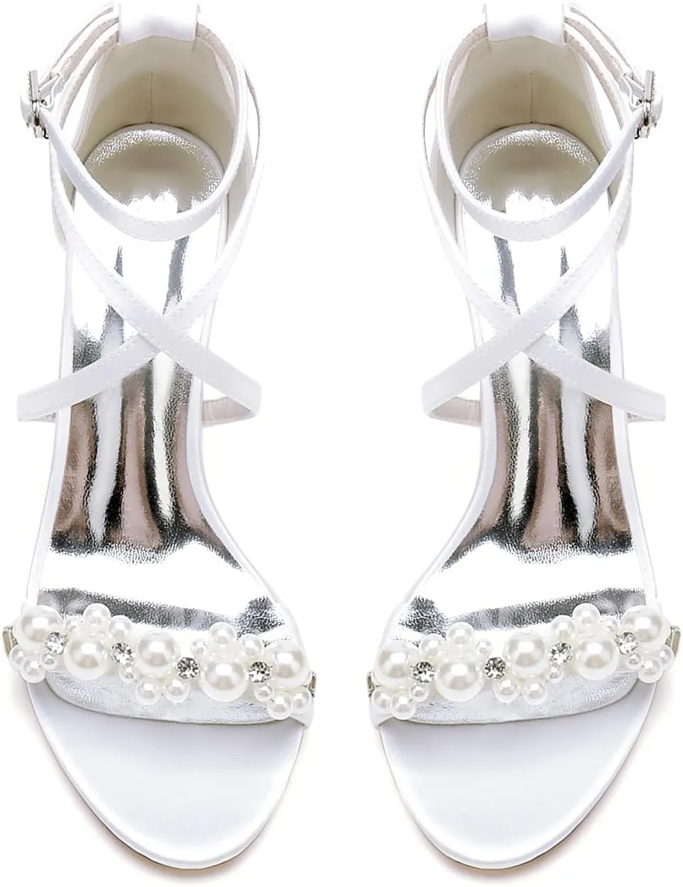Women's White Heeled Sandals with Pearl Decoration Chunky Heels Open Toe Elegant Summer Evening Wedding Party Shoes