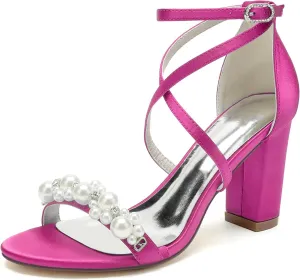 Women's White Heeled Sandals with Pearl Decoration Chunky Heels Open Toe Elegant Summer Evening Wedding Party Shoes