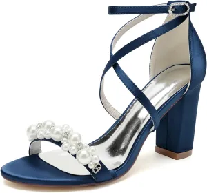 Women's White Heeled Sandals with Pearl Decoration Chunky Heels Open Toe Elegant Summer Evening Wedding Party Shoes