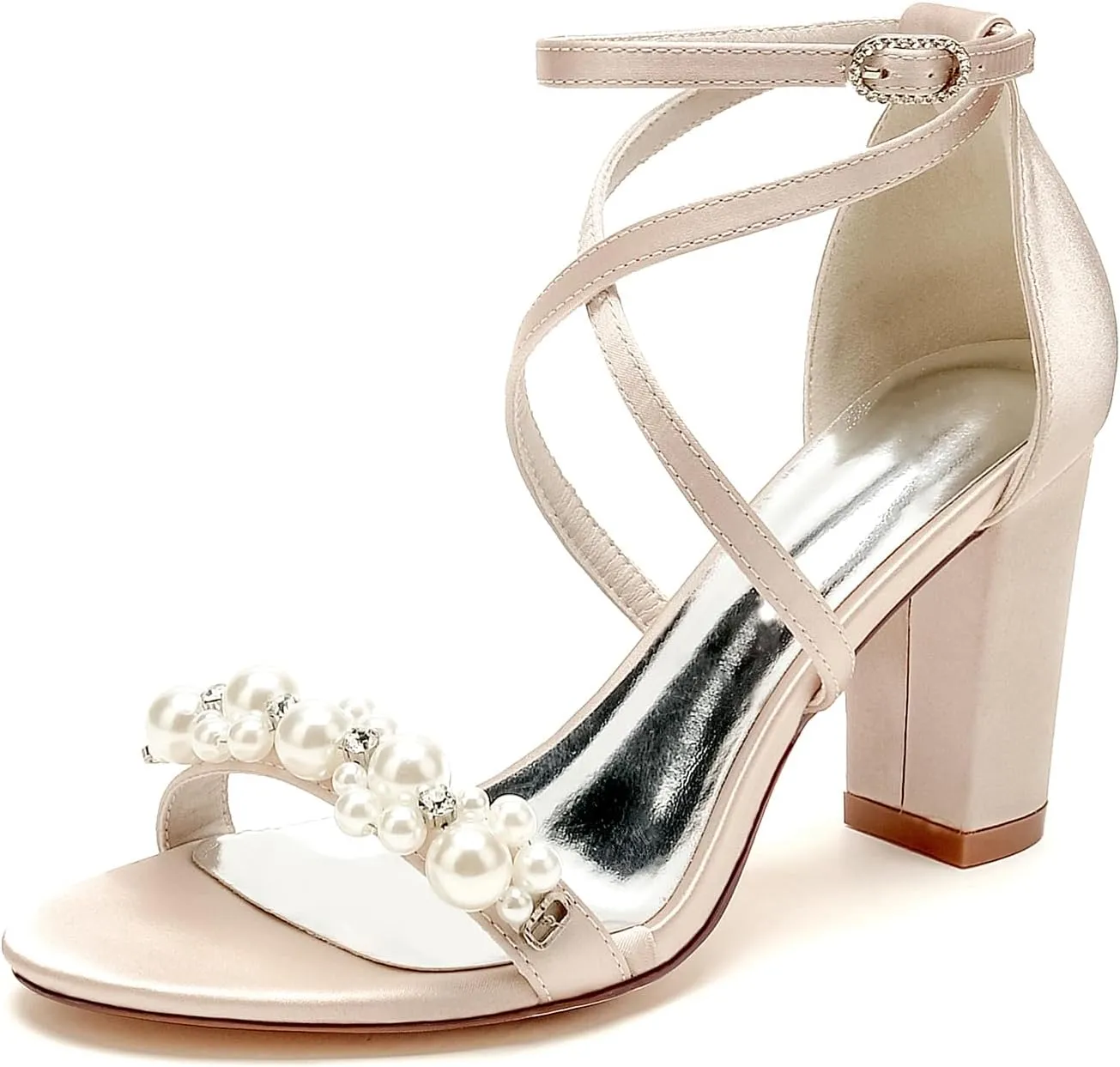 Women's White Heeled Sandals with Pearl Decoration Chunky Heels Open Toe Elegant Summer Evening Wedding Party Shoes