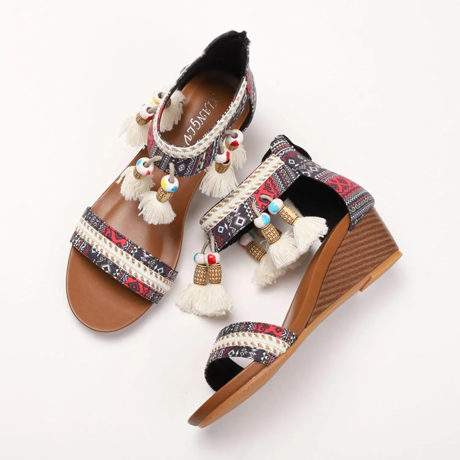 Women's White Sandals, Summer Mules, Comfortable, Roman Trendy Beach Comfortable Elegant Sandals with Rhinestones, Shoes, Wedge Heel