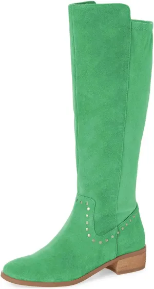 XYD Knee High Boots Rivets Studded Mid Chunky Block Heels Side Zip Round Toe Comfy Warm Trendy Shoes for Women
