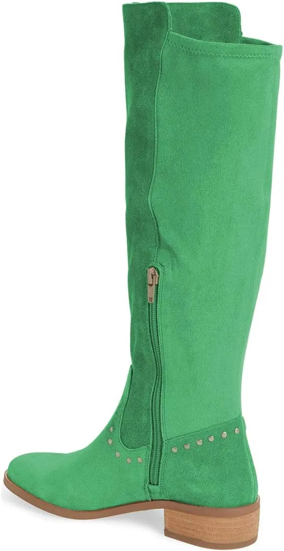 XYD Knee High Boots Rivets Studded Mid Chunky Block Heels Side Zip Round Toe Comfy Warm Trendy Shoes for Women