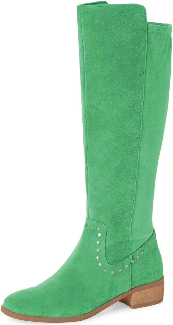 XYD Knee High Boots Rivets Studded Mid Chunky Block Heels Side Zip Round Toe Comfy Warm Trendy Shoes for Women