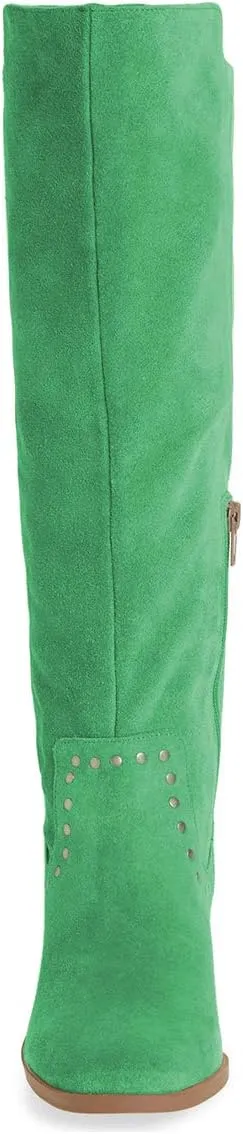 XYD Knee High Boots Rivets Studded Mid Chunky Block Heels Side Zip Round Toe Comfy Warm Trendy Shoes for Women