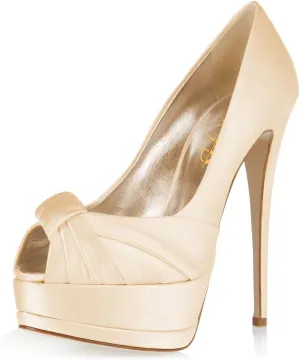 XYD Women's Elegant Knotted Platform Stiletto Heels Bride Shoes Peep Toe Pumps 6 Inch Heels for Dress Wedding Party