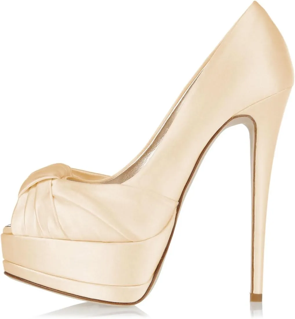 XYD Women's Elegant Knotted Platform Stiletto Heels Bride Shoes Peep Toe Pumps 6 Inch Heels for Dress Wedding Party