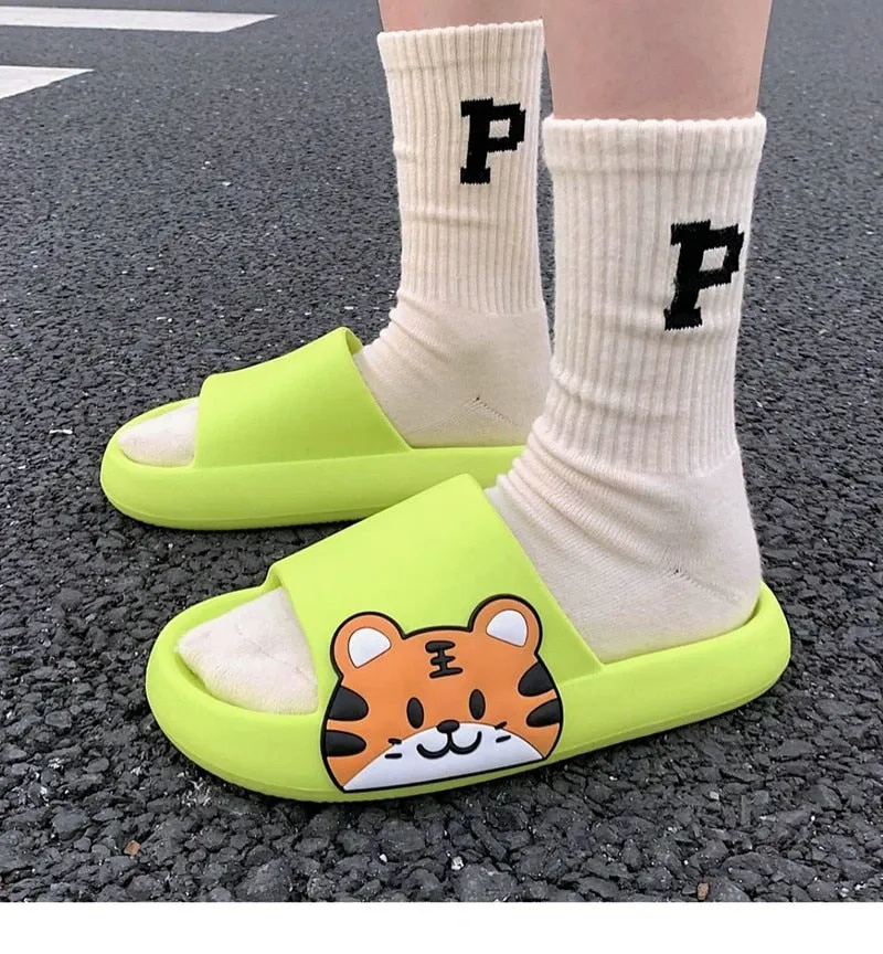 Yeknu Women Men Summer Slippers Sandals Beach Slides Flip Flops Cartoon Bear Dog Tiger Thick Soled Boys Girls Unisex Bathroom Shoes
