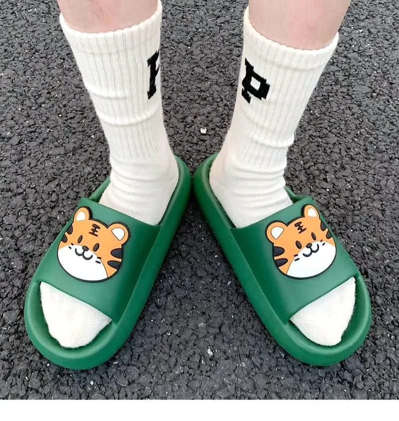 Yeknu Women Men Summer Slippers Sandals Beach Slides Flip Flops Cartoon Bear Dog Tiger Thick Soled Boys Girls Unisex Bathroom Shoes